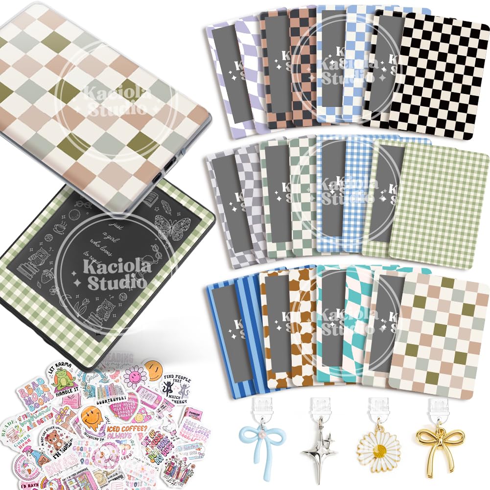 KACIOLA STUDIO 24PCS Cool Color Skin Set for E-Reader, and 4PCS Type C Charms/50PCS Scrapbook Stickers for Clear Case, 6.9"x4.8" Skin Front and Back Decal for Paper White 11th (Cool)