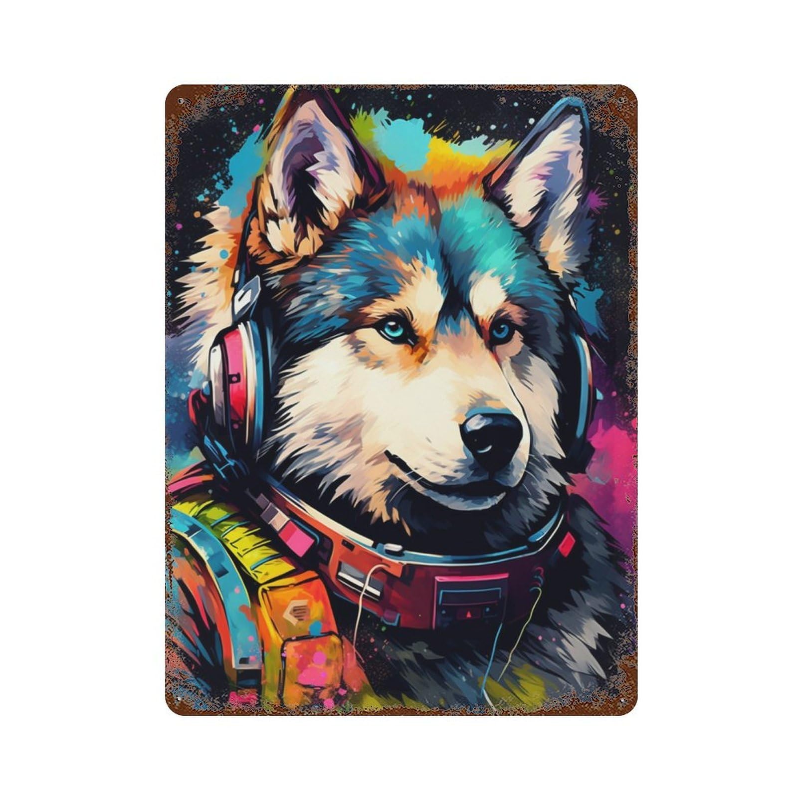 Rust Effect Colorful Wolf Astronaut Art Print Vintage Metal Tin Sign 15.7"x11.8", Farmhouse Wall Decor for Garage, Bar And Workshop Decor