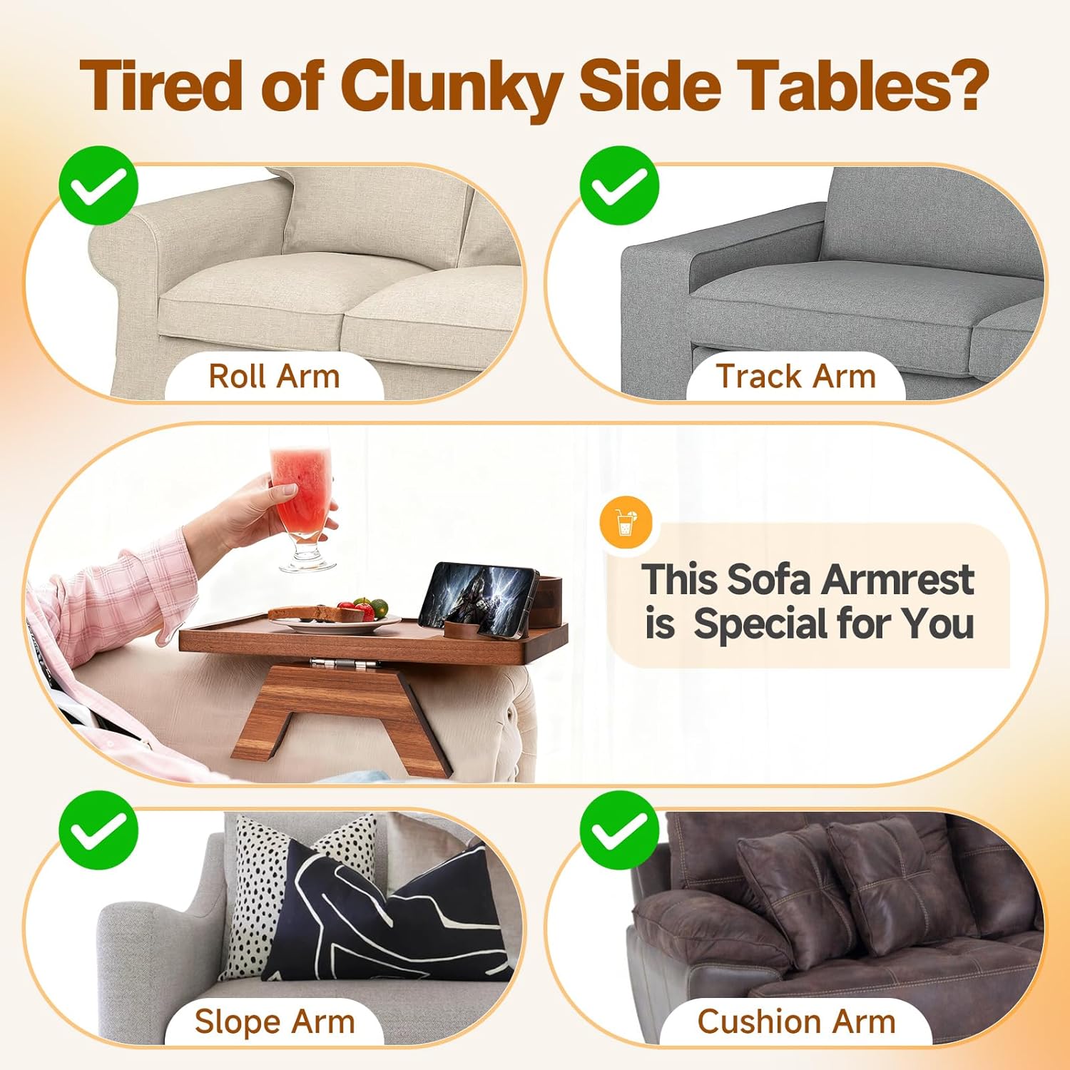 VANGONA Couch Armrest Table, Foldable Side Tray Table for Couch, 360°Rotating Cup & Phone Holder Tray, Anti-Slip Snack Caddy for Sofa, Bedroom, Living Room, Acacia Wood, for Mom, Dad
