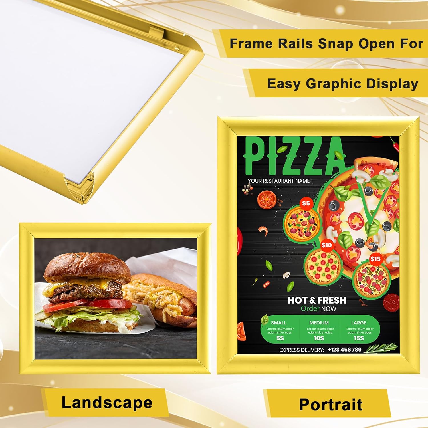 Blulu 2 Pcs Gold, 8.5 x 11 Inch, Front Load Easy Open Snap Frame Poster/picture Frame, Snap Open Sign Holder, Wall Mount or Tabletop Gold 8.5 x 11 Inch