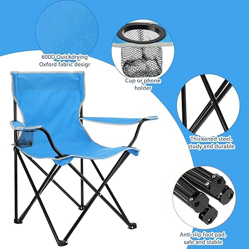 Miniatura 3 de 4 sillas plegables de camping con portavasos y bolsa de transporte, tamaño regular, silla de césped ligera portátil con bolsillo lateral de malla