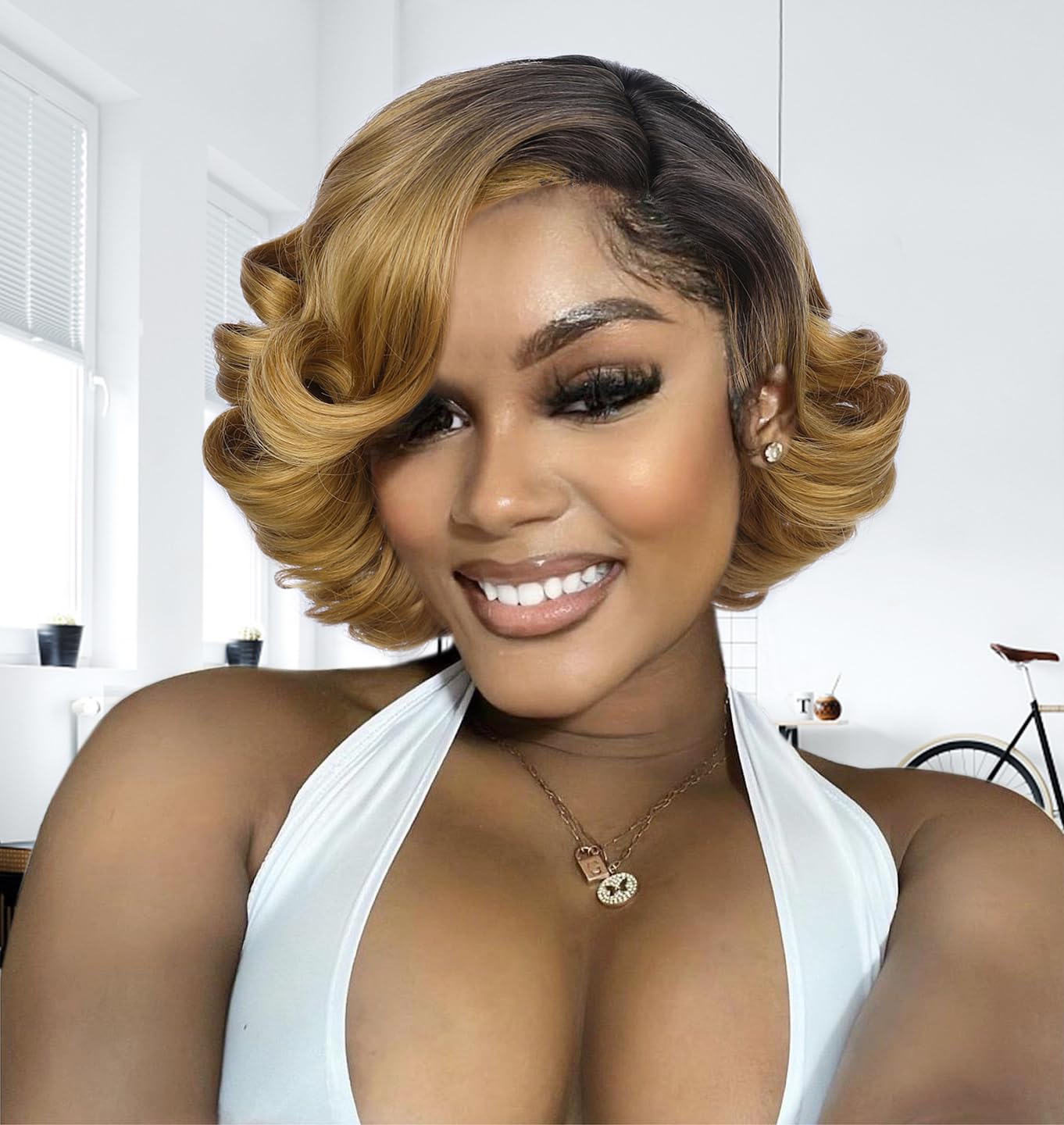 HANNE Short Body Wavy Wigs for Black Women Side Part Ombre Brown Short Wavy Bob Wigs Curly Heat Resistant Loose Wave Lace Part Synthetic Wigs for Lady Daily Use (Light Brown)