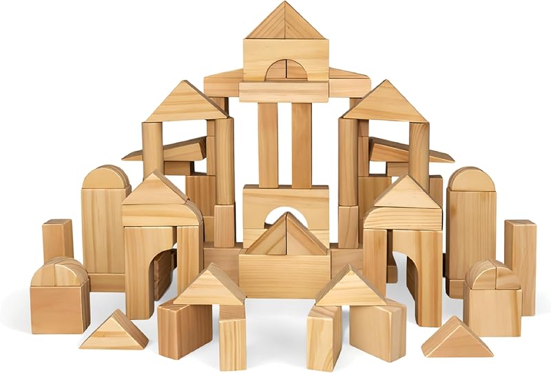 Standard Unit Building Blocks for Toddlers with Storage Tray (64 Pcs) Sanded Wood Blocks for Children, Original STEAM, and STEM Learning, Classic Wooden Toys for Kids Parties and Classrooms