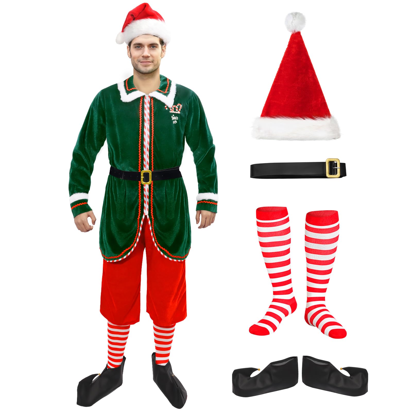 Boyigog Christmas Fancy Dress Adults Elf Costume Men with Green Jacket Red Trousers Belt Striped Socks Santa Hat, Santa Green Elf Dress for Christmas Cosplay Party Fancy Dress (M)