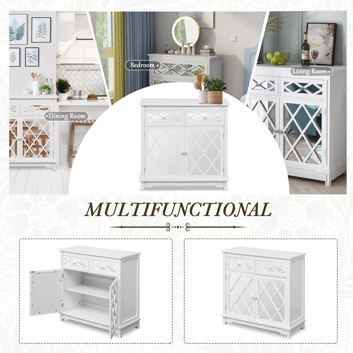 EROMMY 31.5'' Accent Storage Cabinet with 2 Mirror Doors, Sideboard Buffet Cabinet with 2 Slide-Out Drawers and 1 Adjustable Shelf, Modern Display Cabinet for Living Room, Bedroom, Dining Room, White