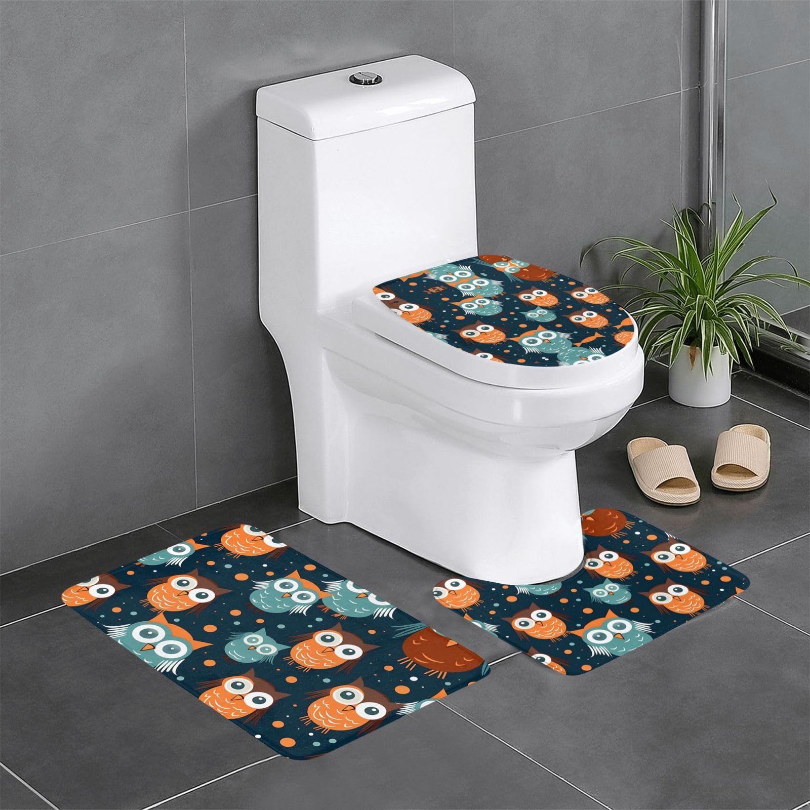 Tapis de salle de bain antidérapant lot de 3 lavable à motif chouette amusant