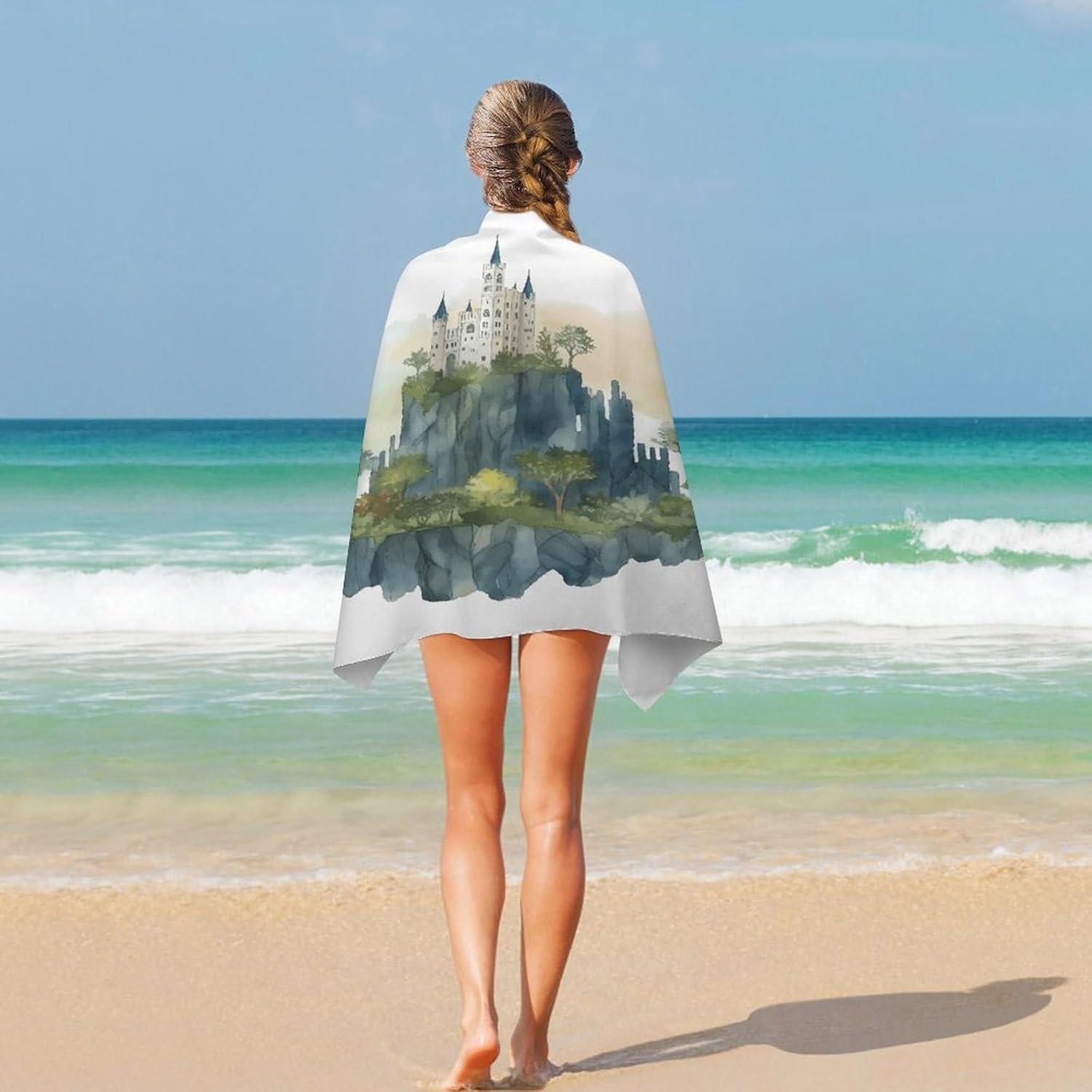 Swimming Towel, Castle and Trees Printed Fashion Towel,Portable Towel,Durable Towel