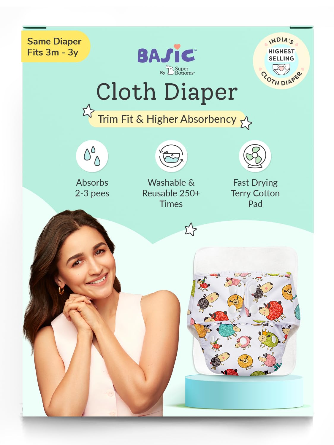 SuperBottoms BASIC Cloth Diaper for babies 0-3 Years for Day-time use | NEW Quick Dry UltraThin pads Lasts up to 3Hrs | Trim Fitting, Dries 2 times faster | 0-3 Years | Sheep-image-40