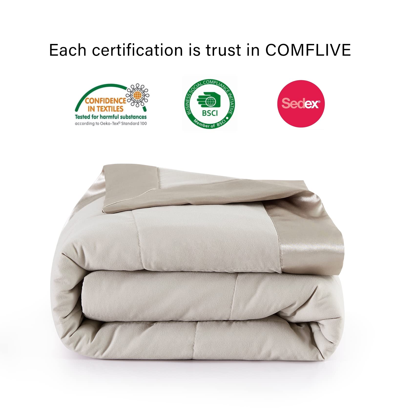 COMFLIVE Down Alternative Blanket - Queen Size Blanket with Satin Trim - Bed Blanket for All Seasons - Winter Summer Comfort Soft 90"x90" (Taupe, Full/Queen)