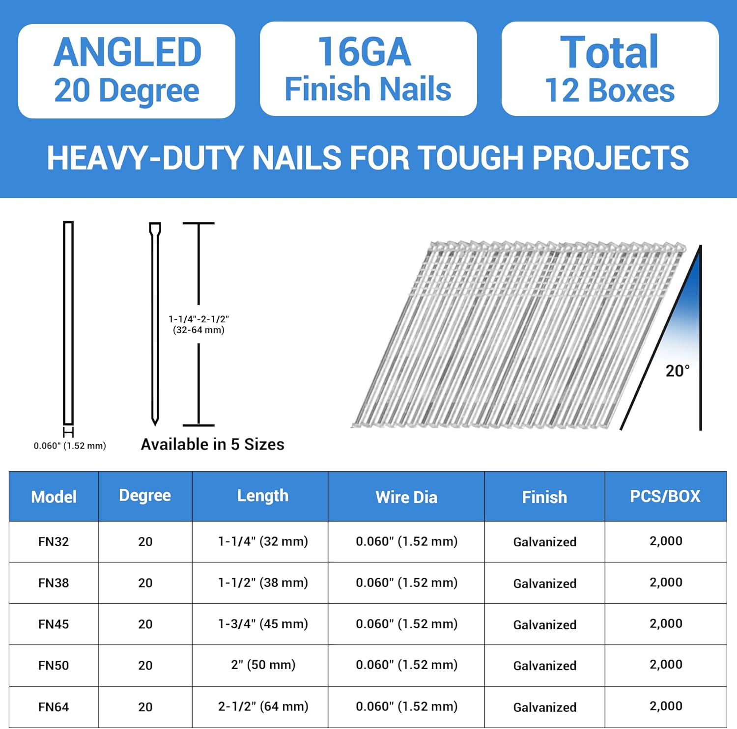 meite 16 Gauge 20 Degree Angled Finish Nails Galvanized No-rust Nails for Finish Nailer Gun, Finish Nails for Cabinet Crown Baseboard Window Trim (10+ Boxes (20,000PCS+), Galvanized Steel, 2" Leg) - Image 2