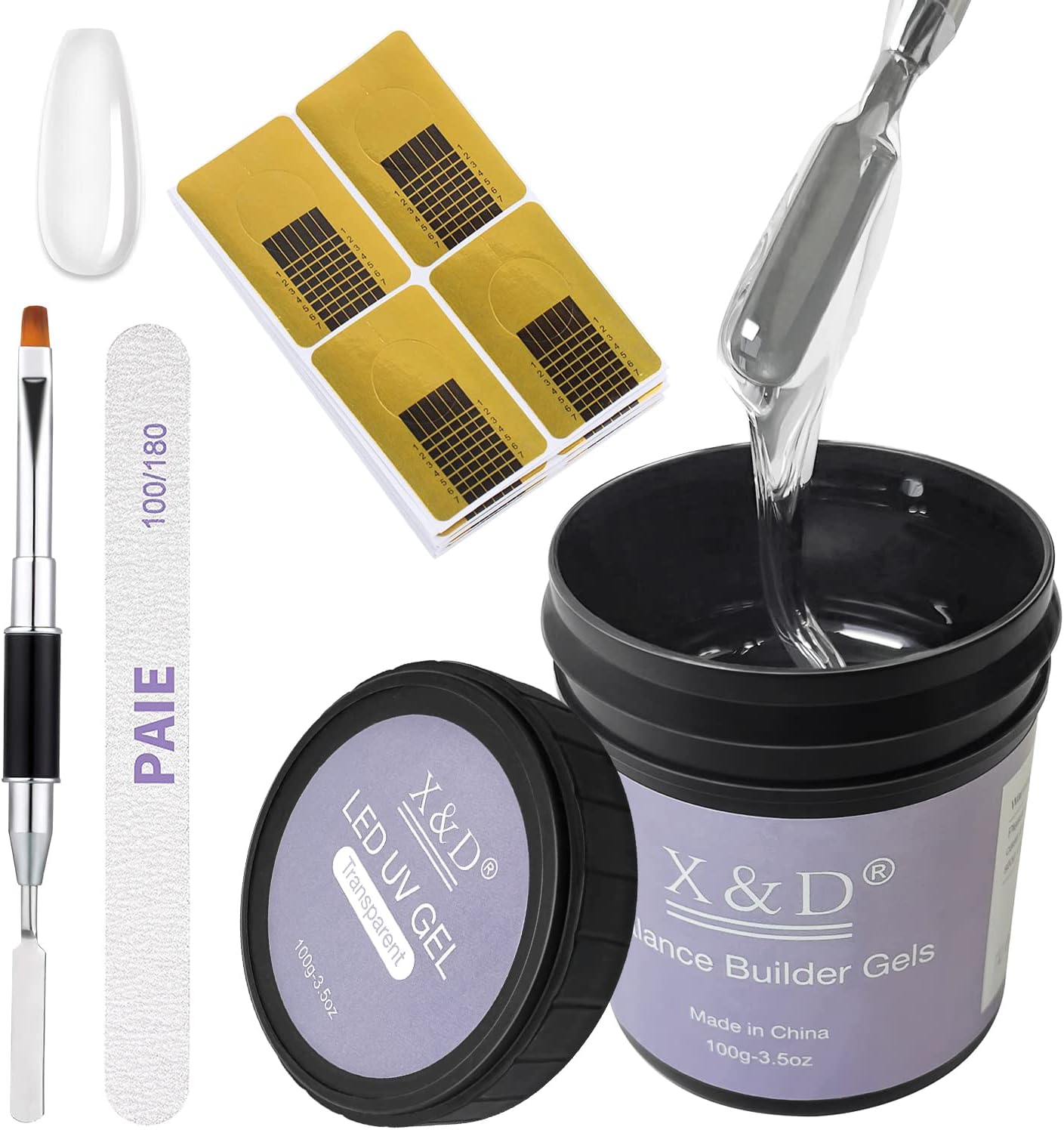 X&D Poly Gel Nail Kit 100g Natural Clear Color Poly Nail Gel Kit Quick Dry Nail Extension Balance Builder Nail Gel with Nail Form, Nail File, Acrylic Nail Sable Brush (Transparent)