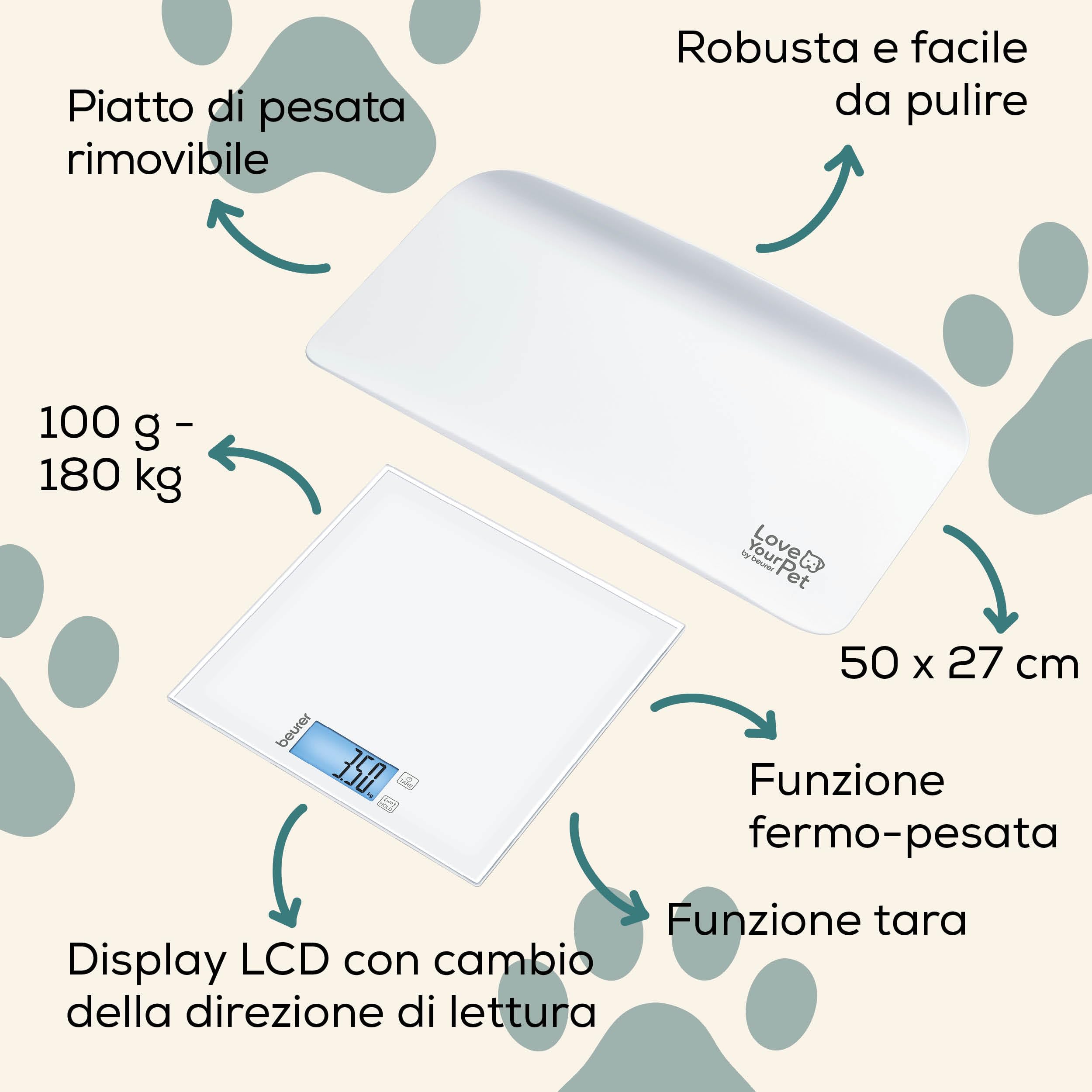 Beurer Love Your Pet Bilancia "Polly" per Animali Domestici e Persone, Piatto di Pesata Rimovibile, Bilancia per cuccioli e piccoli animali a partire da 100 g, con funzione Fermo-pesata, max 180kg
