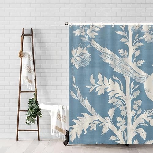 Miniatura 129 de Cortinas de ducha de baño con ganchos, 72 x 92 pulgadas, cortina de ducha de tela impermeable con diseño de flores y pájaros, cortina de ducha
