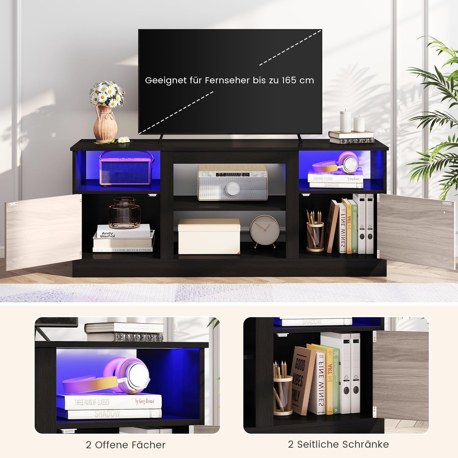 COSTWAY TV-Schrank mit LED-Lichtern für 65" Fernseher, Fernsehschrank mit verstellbarem Regal & offenem Fach für Einbaukamin, TV Lowboard für Wohnzimmer & Schlafzimmer, Schwarz