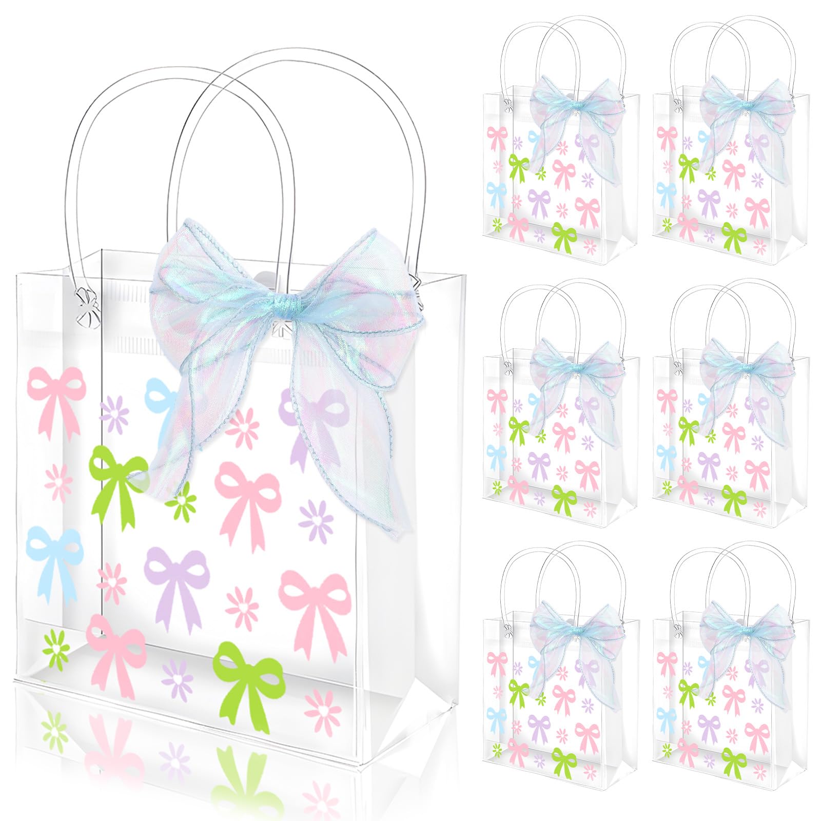 Whaline 12 Pcs Spring Easter Pastel Bow Clear PVC Gift Bags with Handle Ribbon Colorful Coquette Bowknot Daisy Flower Party Favor Bags Treat Candy