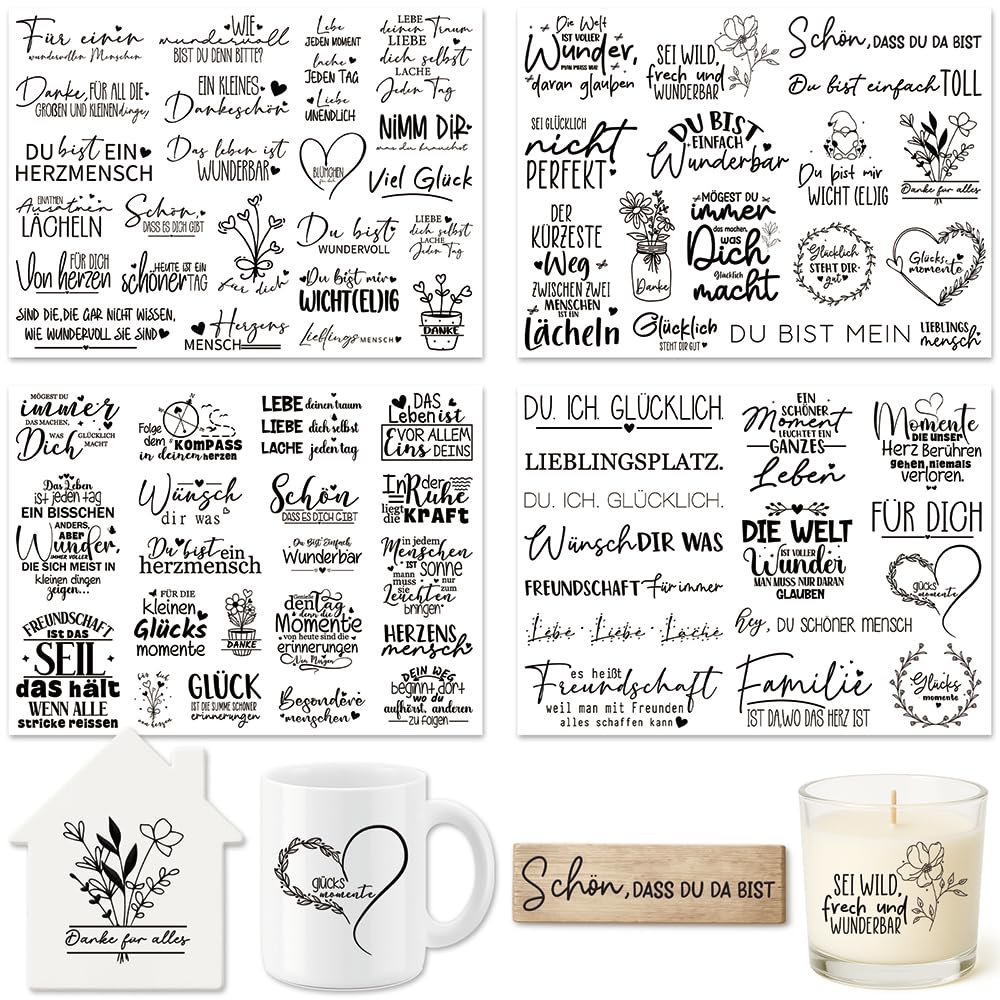 Farbeele 4 Stück Rub On Sticker, Transferaufkleber Folie 19x14cm für Glas, Holz, Karten, Scrapbooking, DIY Handarbeiten, Basteln, Geschenkidee, Wohndeko, Party Deko