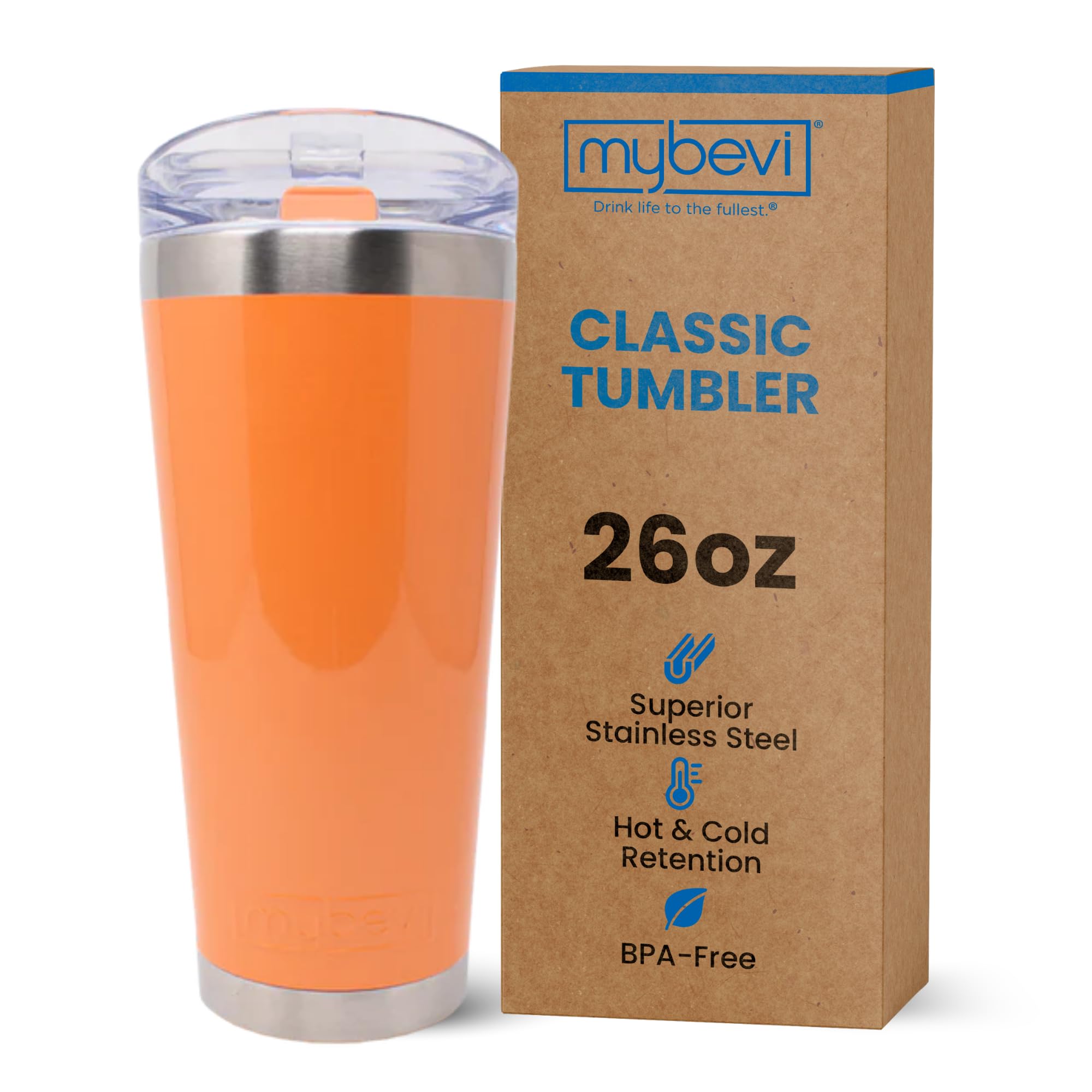 MyBevi Classic Premium Stainless Steel Tumbler with 12-Hour Temperature Control, Tritan Lid, and BPA-Free Construction | Orange, 26 oz