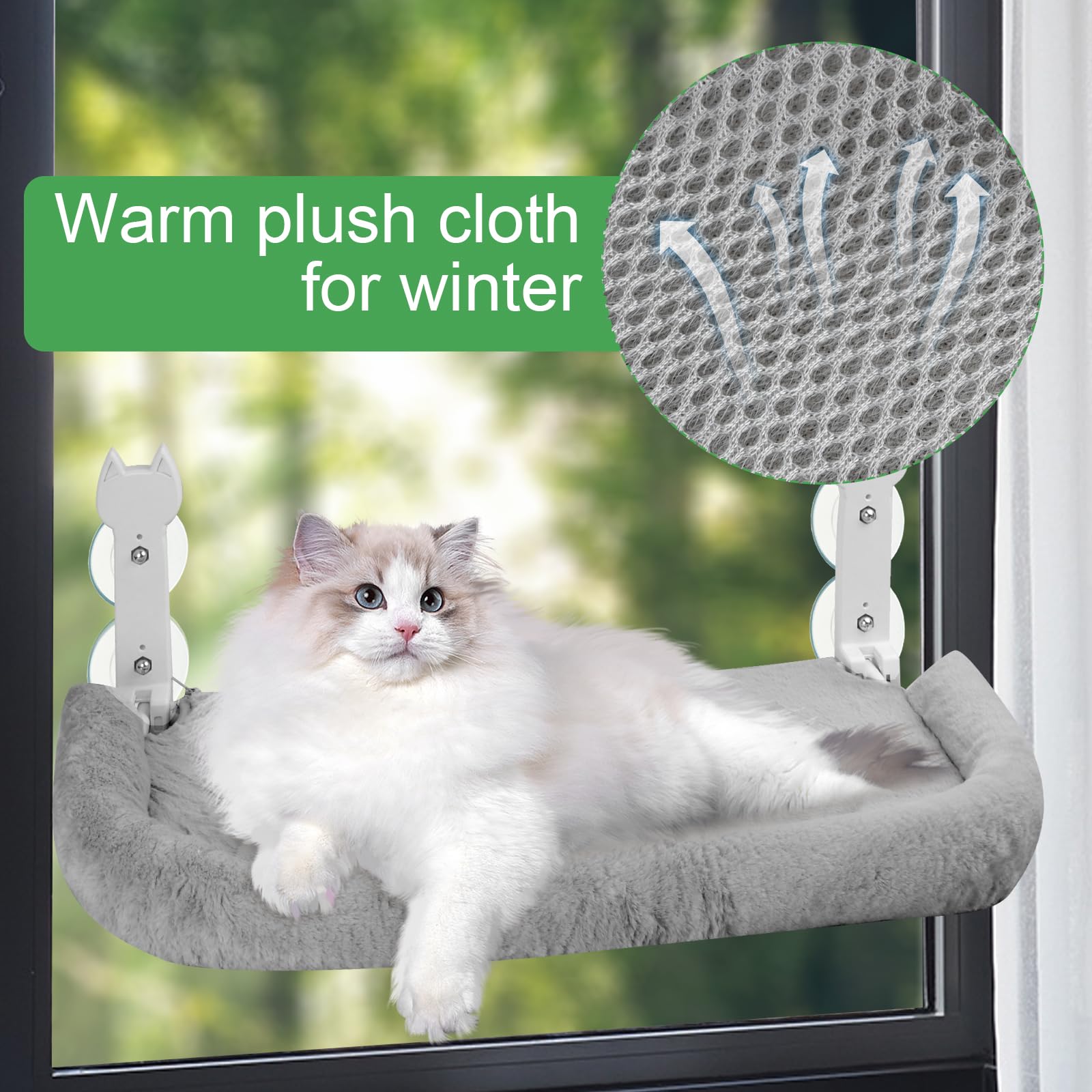 Hamaca para gatos, 60 x 30 cm, plegable con ventosas, cojín de felpa lavable, soporta hasta 25 kg, color gris