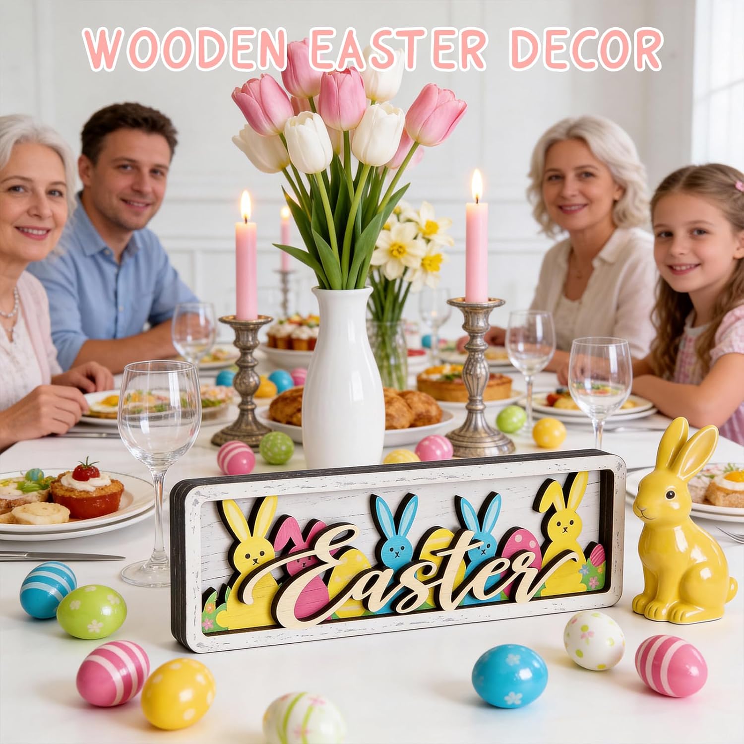 Vintage Easter Decorations for Home Wooden Easter Table Decor, Happy Easter Signs, Spring Bunny Centerpiece Rustic Farmhouse Tiered Tray Decor for Kitchen Office Mantel Shelf Desk Wall Door - Image 4