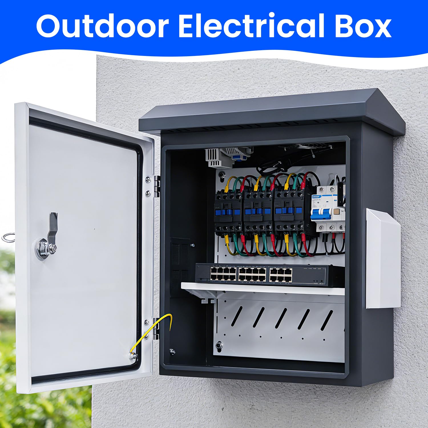 Waterproof Outdoor Electrical Box with Thermostat & Fan, 15.7" H x 13" L x 7.1" W Metal Enclosure, Vented NEMA Box for CCTV, Camera, Security System