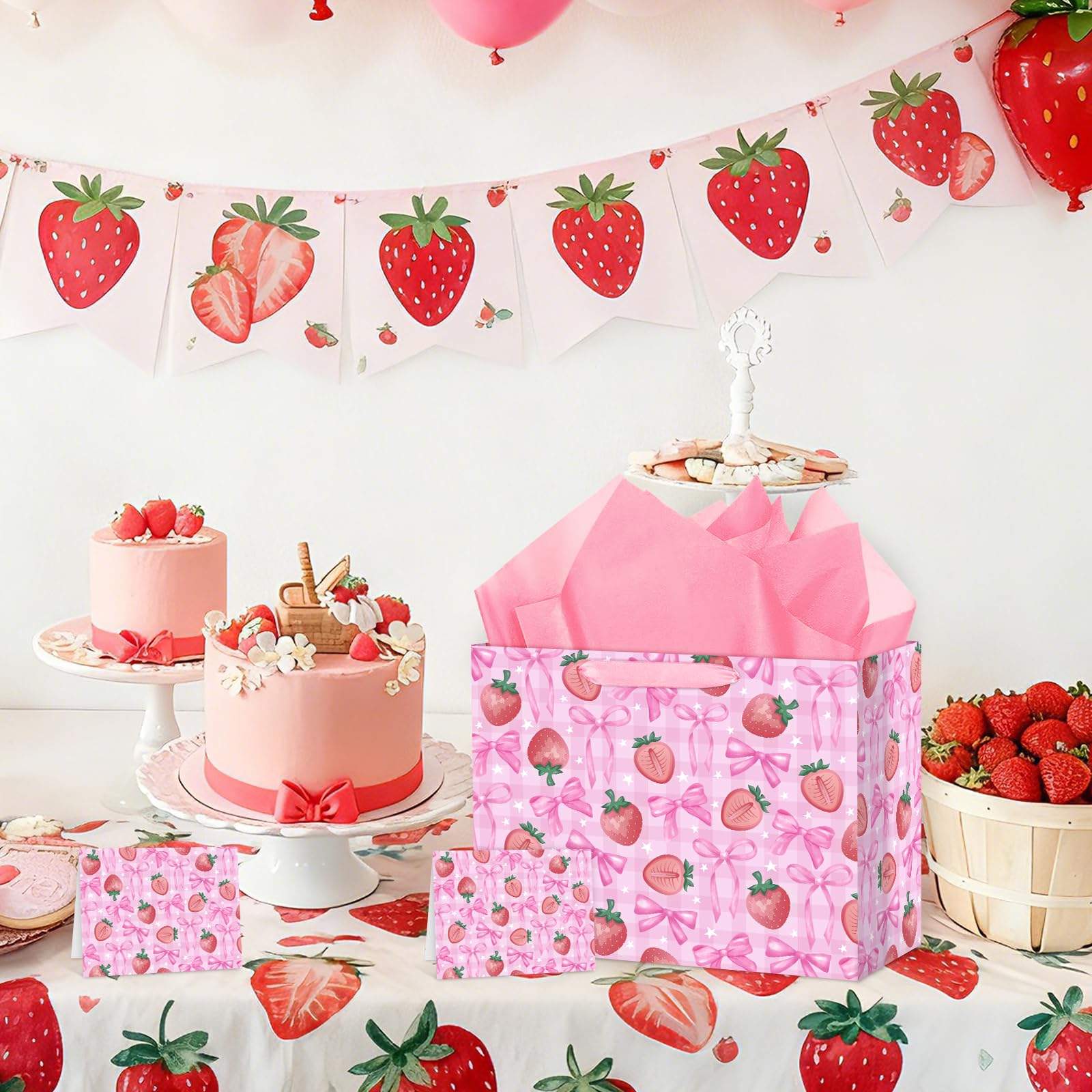 Hooqict Large Strawberry Bow Gift Bag Pink Birthday Gift Wrapping Bag with Handles, Tissue Paper, Greeting Card for Girls Kids Women Sweet Strawberry Birthday Decorations Baby Shower Valentines Mothers Day
