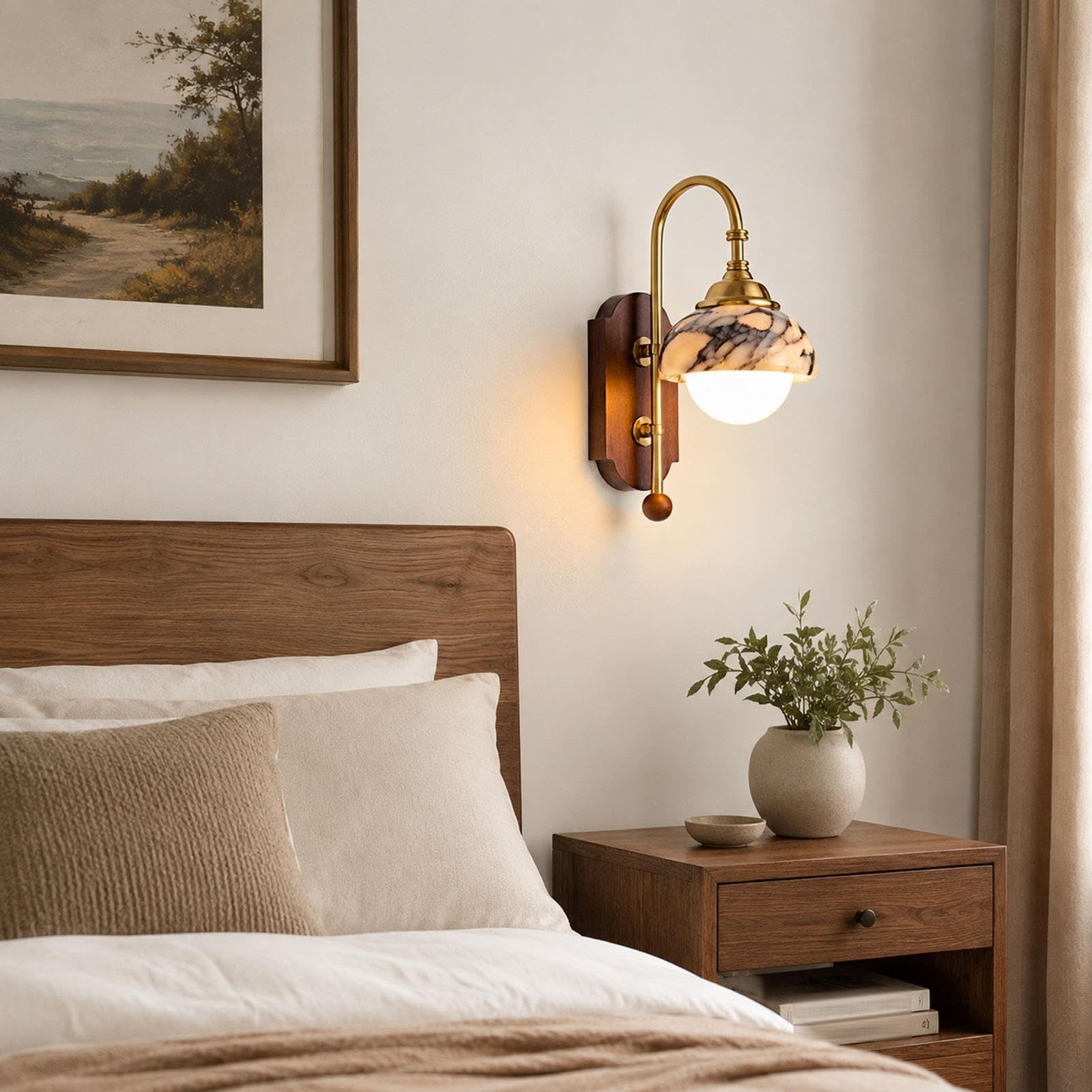 Applique pietra, piastra posteriore legno braccio curvo ottone