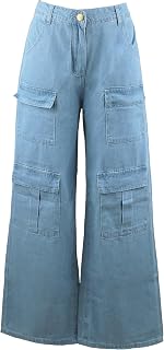 Womens Wide Leg Bell-Bottomed Pants Loose Baggy Denim Pants Multi-Pocket High Waist Blue Jeans