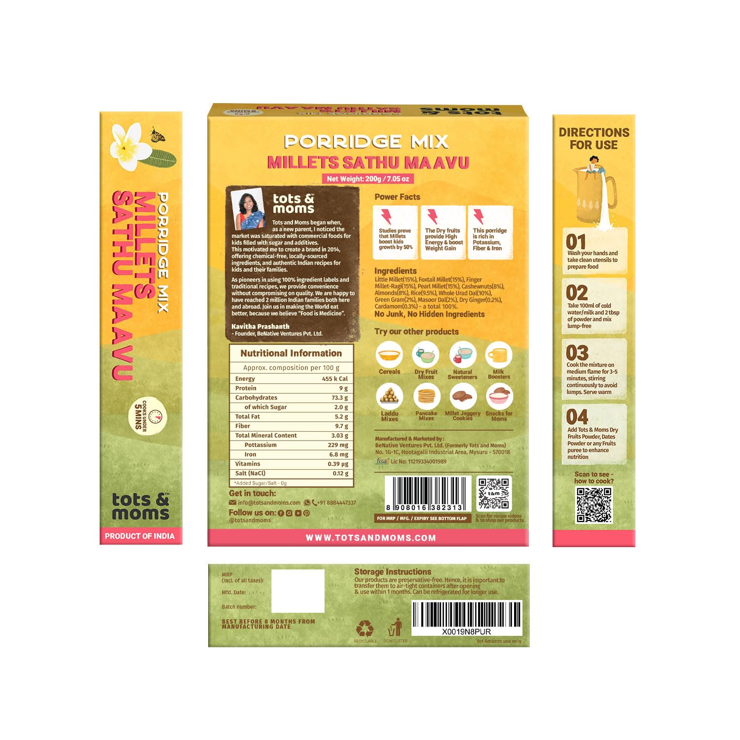 TOTS AND MOMS Multigrain Millet Cereal – Millet Sathu Maavu 200G | No Sugar No Salt | Made With 4 Millets, Pulses & 15% Dry Fruits, No Preservatives – Porridge Mix For Kids