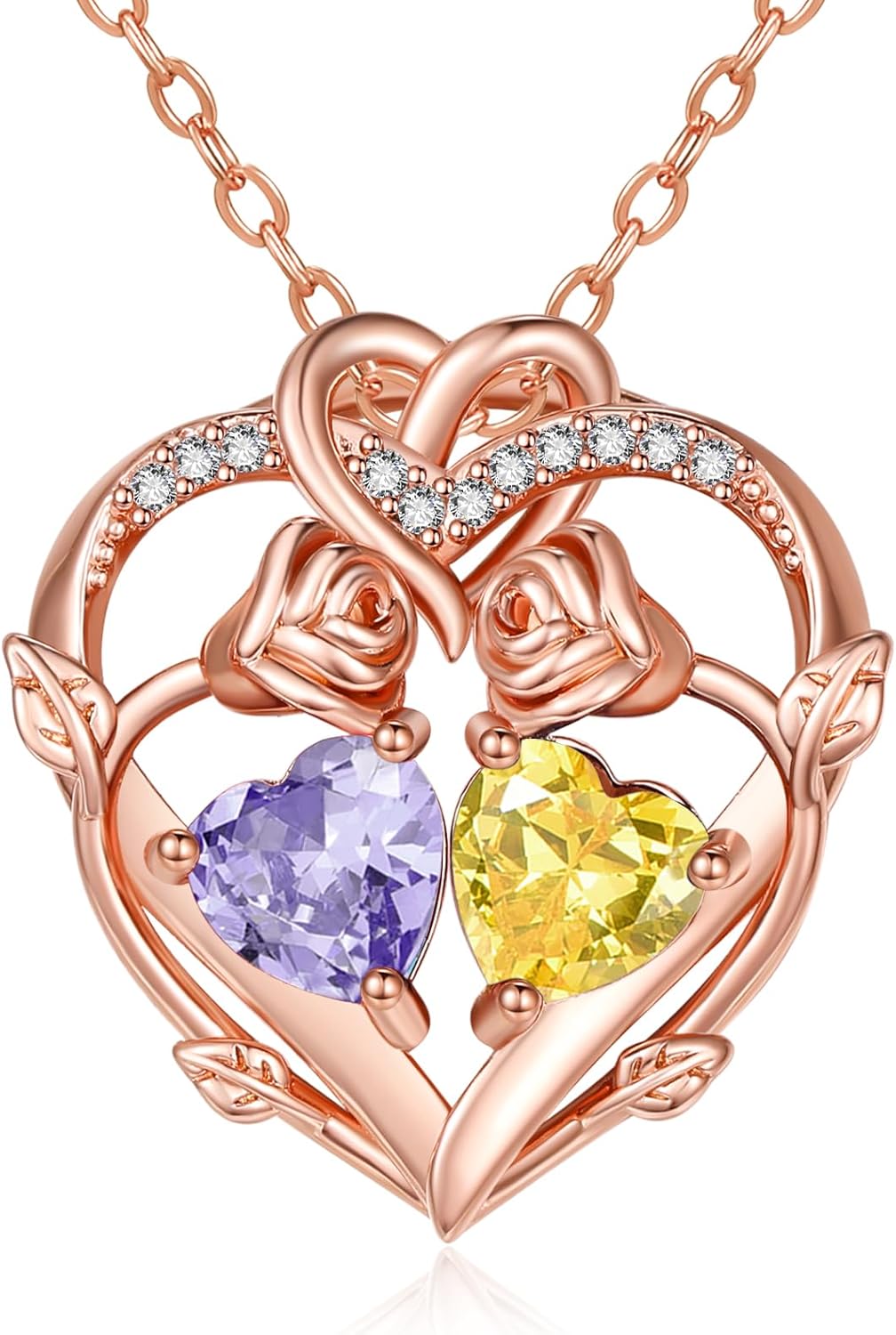 Rose Gold Necklaces for Women Double Birthstone Rose Flower Heart Pendant Necklace ...