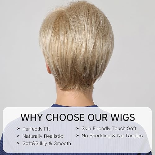 Miniatura 3 de Allbell Peluca de corte Pixie para mujer, peluca corta rubia fría con flequillo, aspecto natural, pelo sintético para uso diario