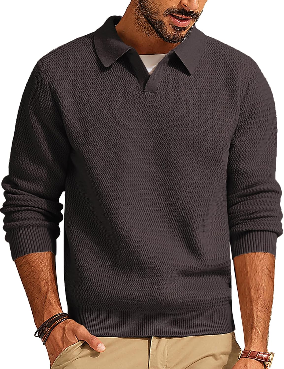 PJ PAUL JONES Mens Sweater V Neck Pullover Sweater Long Sleeve Cable Knit Textured Sweater