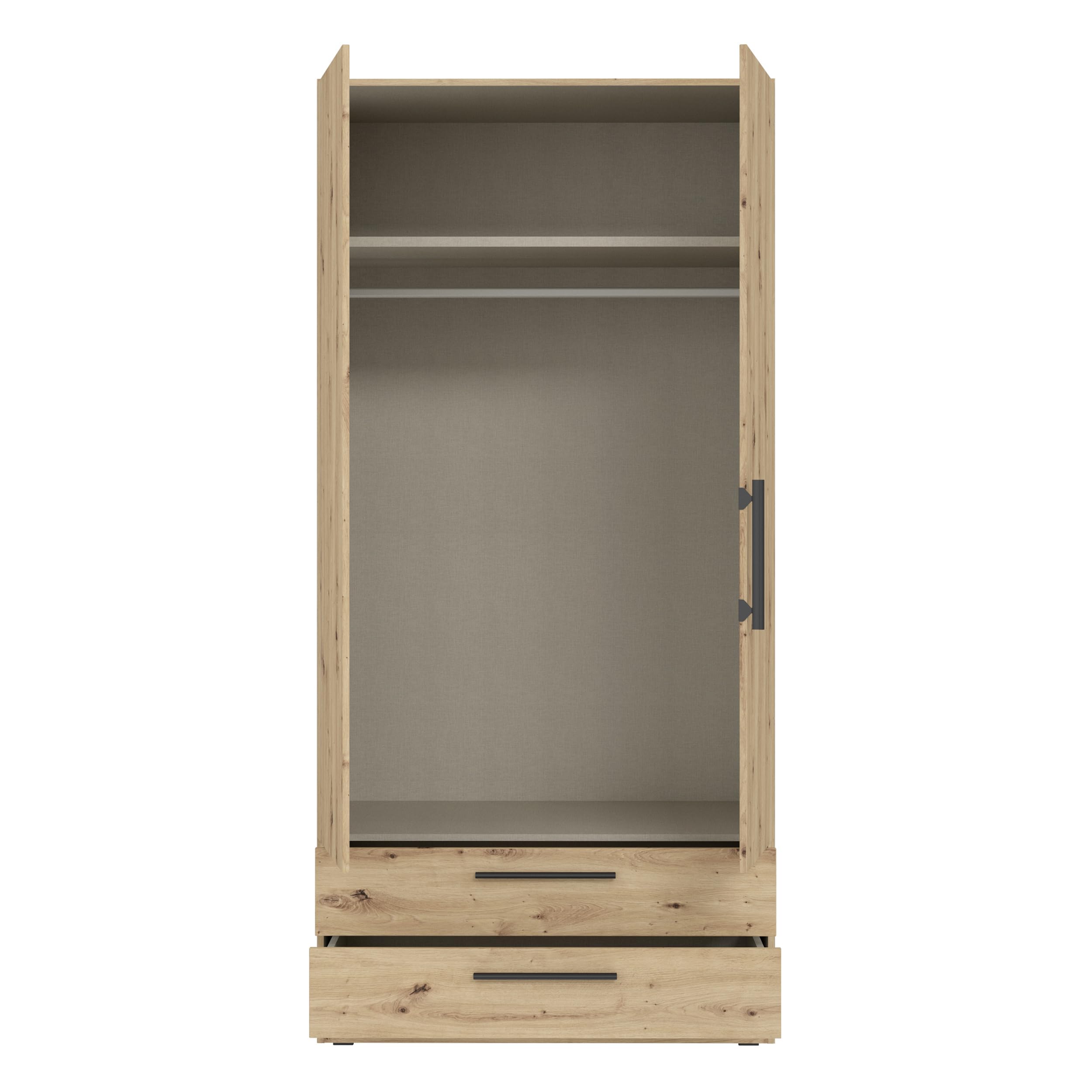 Forte CADIXO Kleiderschrank 100, klassischer Schrank mit Zwei Drehtüren und 2 Schubladen, Holzwerkstoff, Artisan Eiche Dekor, 100,9 cm breit, 212,9 cm hoch, 58,9 cm tief