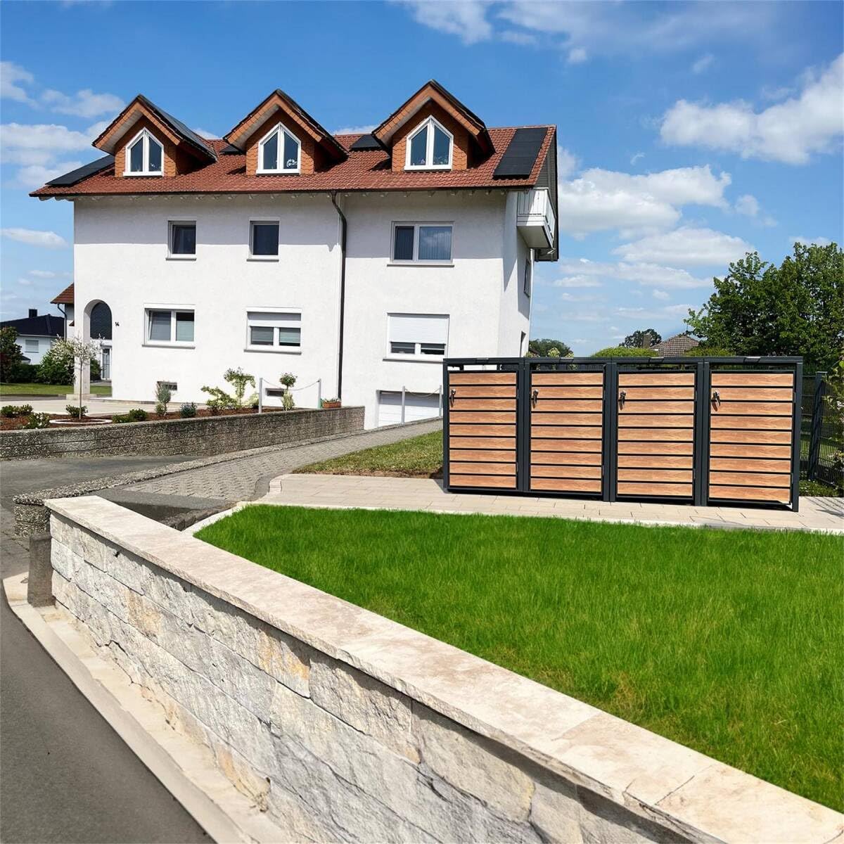 Metzler Mülltonnenbox in Anthrazit & Holzoptik 4er 240L, Mülltonnenverkleidung 4 Tonnen, witterungsbeständiger und pulverbeschichteter Stahl mit Automatikdeckel, Müllbox abschließbar