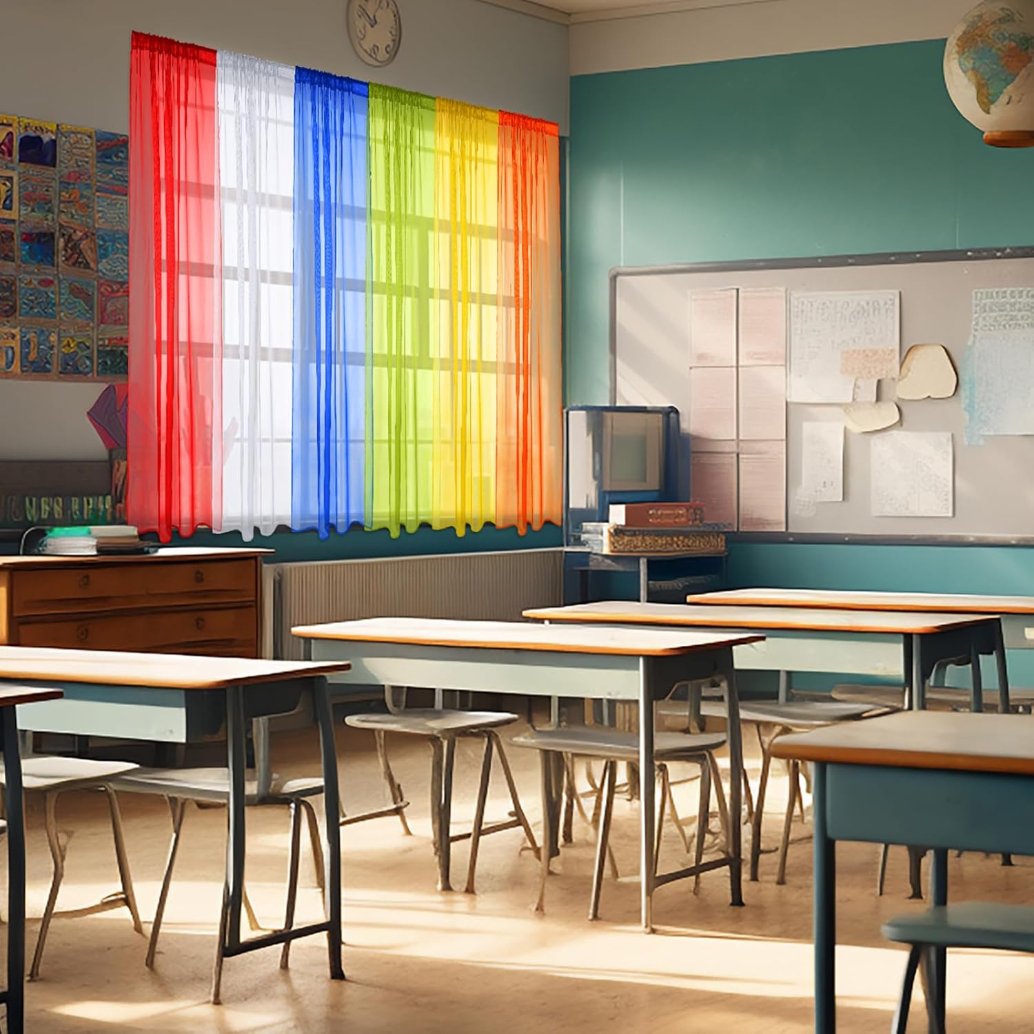 HunnmingRe 6 Pcs Rainbow Sheer Curtains 6 Colors Sheer Curtains Set 90x55 Inches Colorful Light Filtering Backdrop for Rainbow Party, Wizard Party, School Backdrop, Playroom, Nurseries, Bedroom