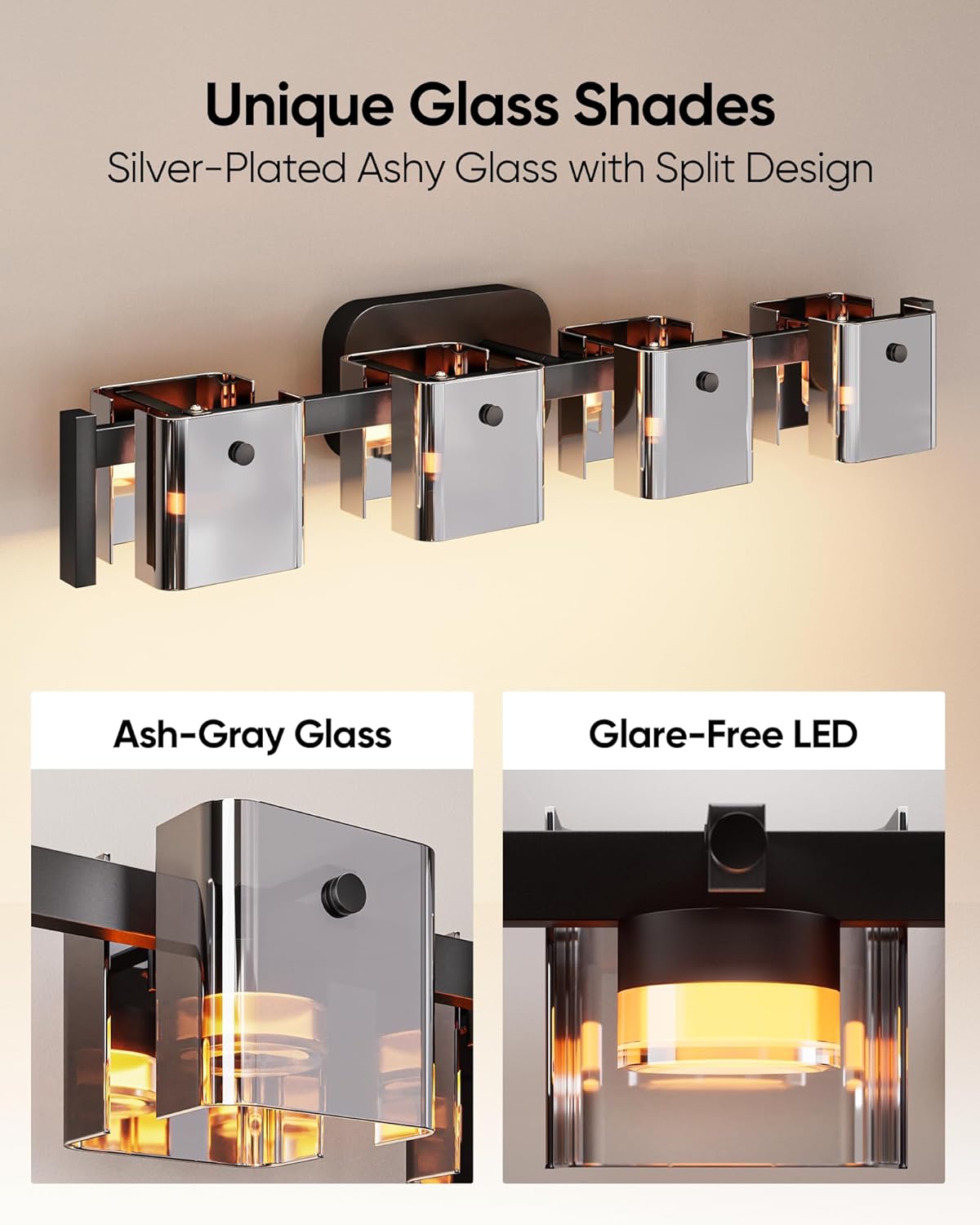 JACKYLED Bathroom Light Fixture, Modern 4-Light Vanity Lights with Art Glass Shades, 3 Color Temperatures LED Bathroom Lighting Fixture Over Mirror, 20W 1200 Lumen 30° Adjustable, Ash Gray Glass
