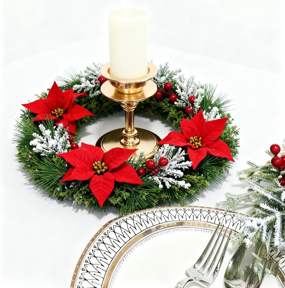 2pcs Small Christmas Wreath Candle Rings Red Poinsettia Wreath with Red Berries, Candle Holders for Holiday Table Centerpiece Decor (Candle Rings)