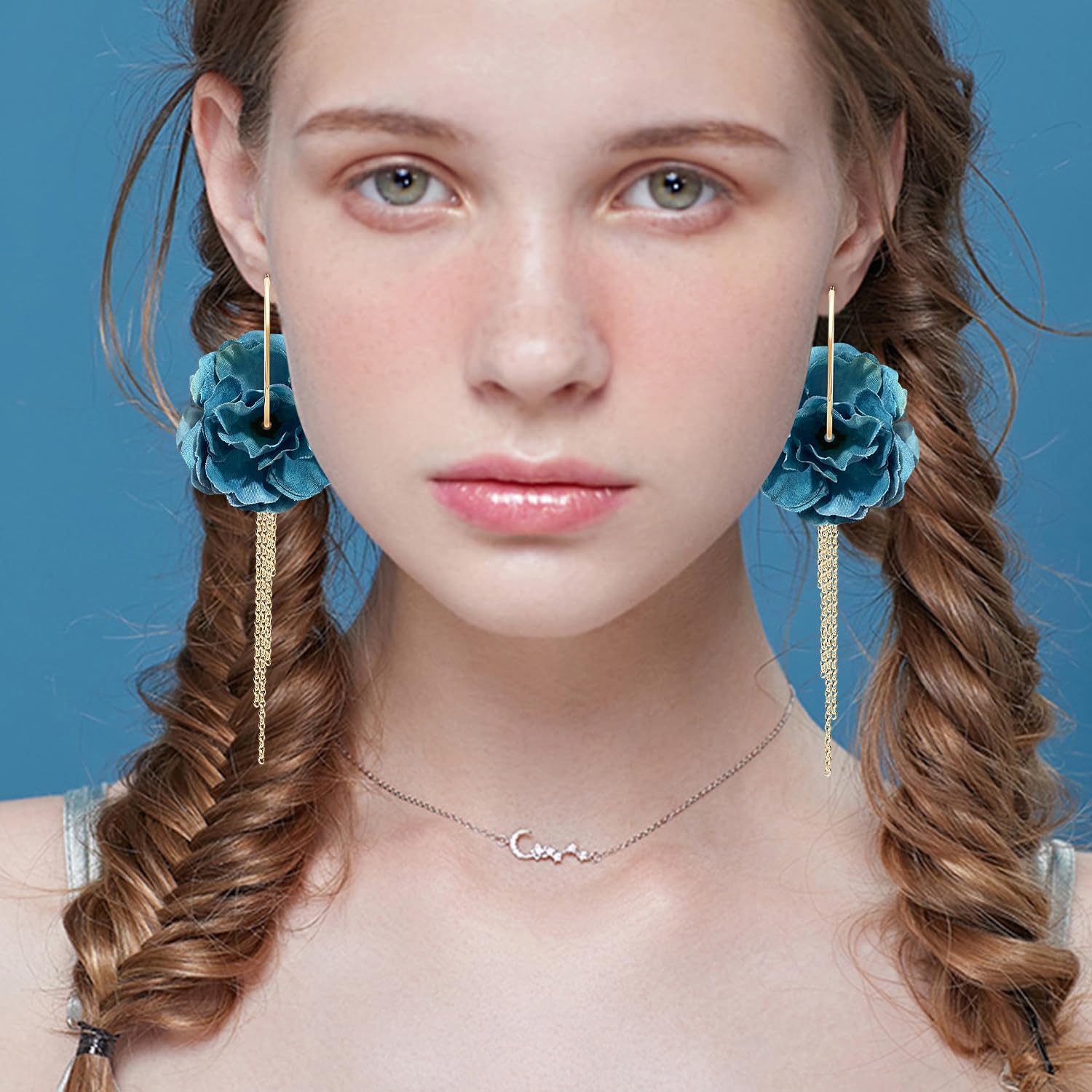 Bohemian Vacation Fabric Flower Gold Tassel Lightweight Clip Earrings Handmade Aesthetic Floral Rose Metal Fringe Summer Dangle Drop Earrings - Image 4