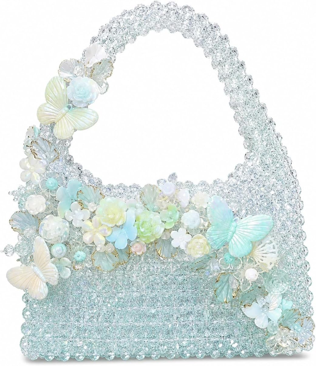 VEVANTA Handmade Crystal Beaded Evening Clutch Purse for Women,Luxury Floral Butterfly Pearl Handbag,Elegant Bridal Wedding Party Shoulder Bag, Handle Mini Tote for Prom, Cocktail & Special Occasions
