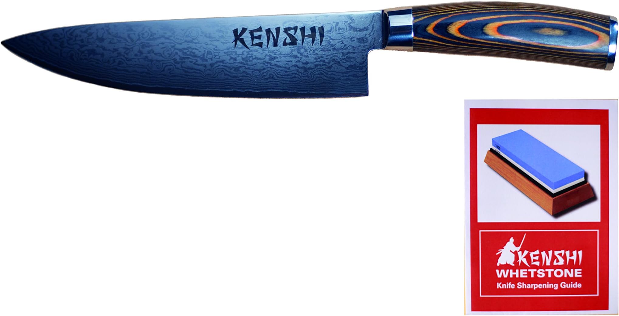 Kenshi 8 Inch Gyutou Chef Knife with 67 Layer Damascus Steel Blade with VG 10 Core and Ergonomic Grip + Free sharpening manual