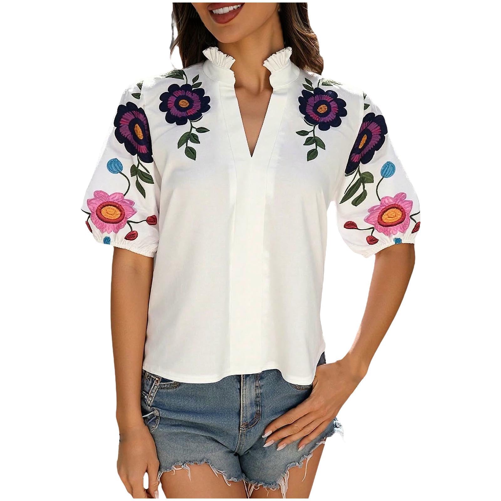 2026summer Top da donna alla moda floreale camicette a sbuffo manica corta con volant scollo a V casual camicie boho casual giorno fuori picnic spiaggia