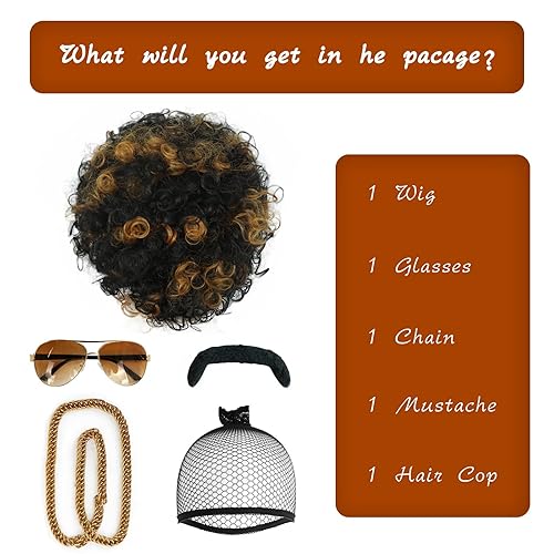 Miniatura 3 de Anogol Gorra de peluca, bigote, collar, gafas, 5 piezas, peluca afro para hombres, peluca rizada de color marrón oscuro, pelucas de disco de los