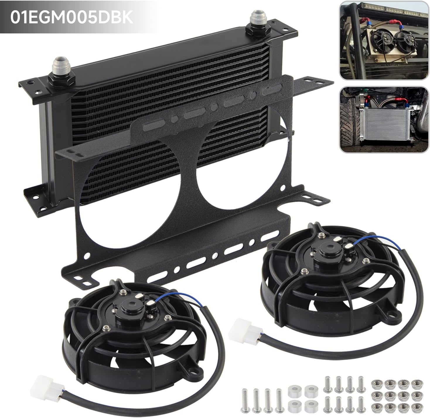 Universal Oil Cooler 19 Row Engine + Dual 5.5" Fan w/Mounting Bracket Kit AN8 Black