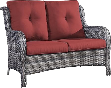 Wicker Outdoor Loveseat Bench - All Weather Rattan Loveseat Patio Furniture with Deep Seating, Comfortable High Back 2-Seat Outdoor Sofa for Balcony, Porch, Deck and Backyard - Gray/Red