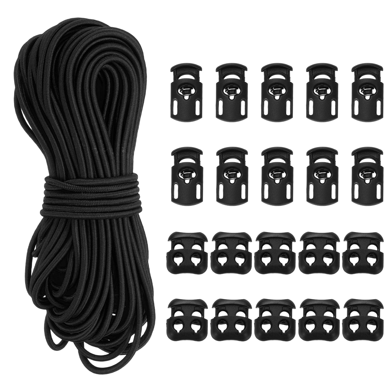 YELARXI Cord Locks, Elastic Bungee Cord, Spring Toggle Stopper Slider with Single-Hole & Double-Hole - Fitting for (Drawstring/Backpack/Shoelaces/Bags/Clothing) 50 ft & Black