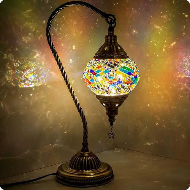 Turkish Moroccan Lamp with Bronze Base, 3 Brightness & Color Options, Handmade Tiffany Glass