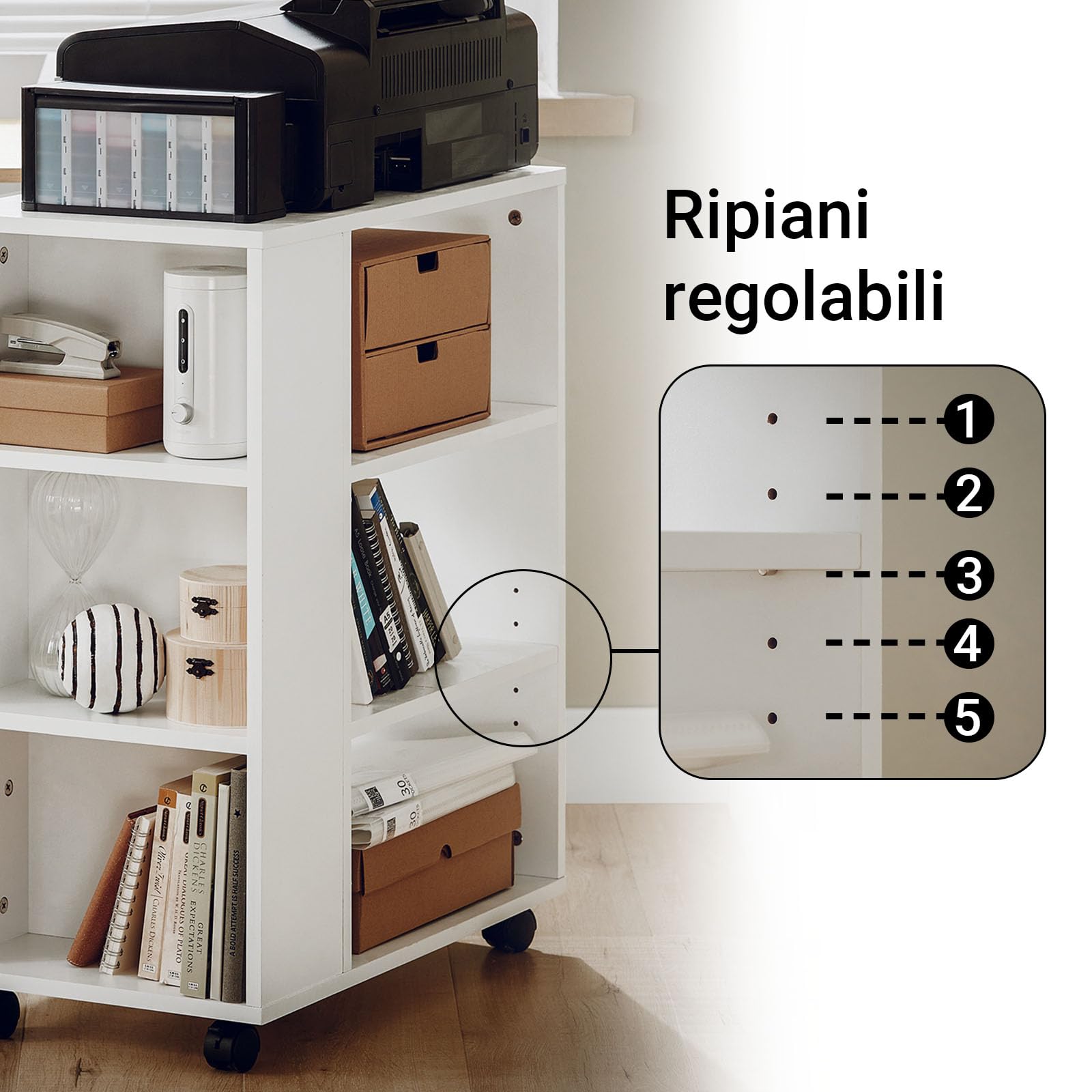 SoBuy Cassettiera Ufficio da Scrivania Porta Stampante su Ruote Schedario da Ufficio con Ripiani Regolabili Mobiletto Portaoggetti Mobiletto Salvaspazio Bianco 60x35x75cm FBT68-W