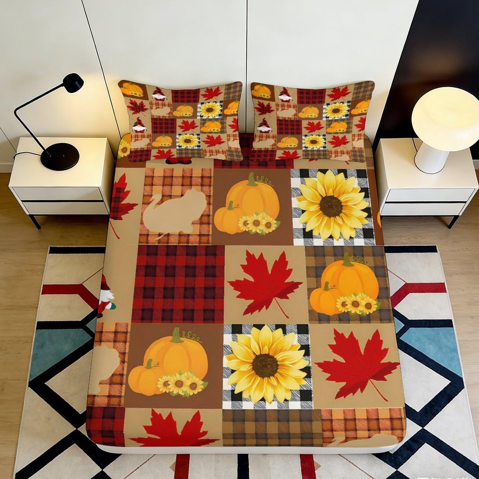 Pnayamiorkfel Style-2 3D Printed Pumpkin Plaid Fitted Sheet Microfiber Sunflower Maple Leaf Mattress Cover Autumn Decor Bedroom Dorm Easy Care 90X200x25cm