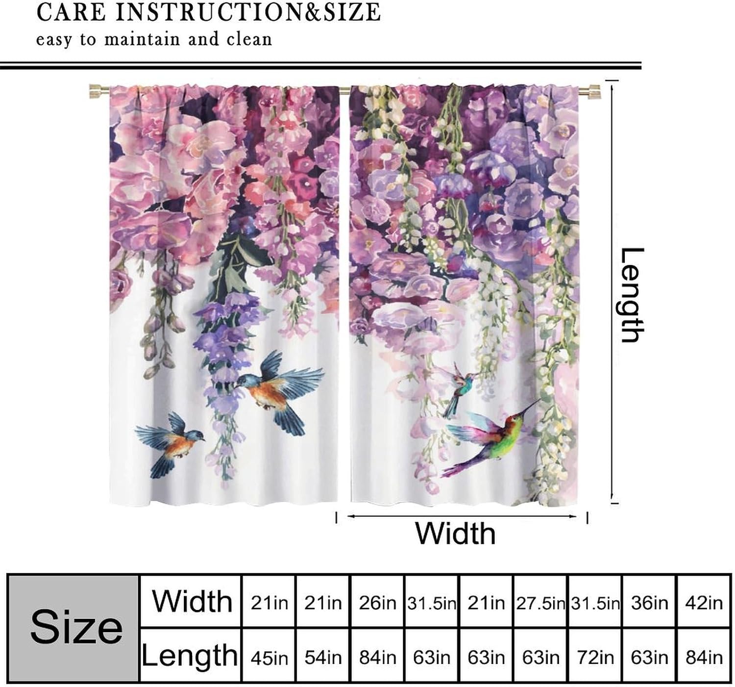 Wisteria Floral Birds Spring Curtain Lilac Weeping Blossom Vine Wildflower Green Leaf Rod Pocket Blackout Window Treatments for Living Room Bedroom 42" W X 54" L