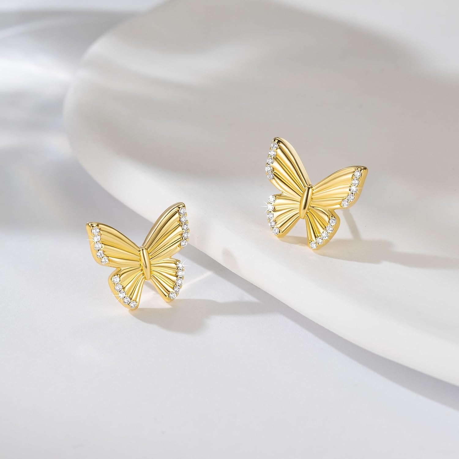 14K Gold Earrings for Women Gold Studs Earrings for Women Stud Butterfly Earring for Womens Studs Cubic Zirconia Glamorous and Delightful Surprise Butterfly Stud Earring for Womens 13mm - Image 7