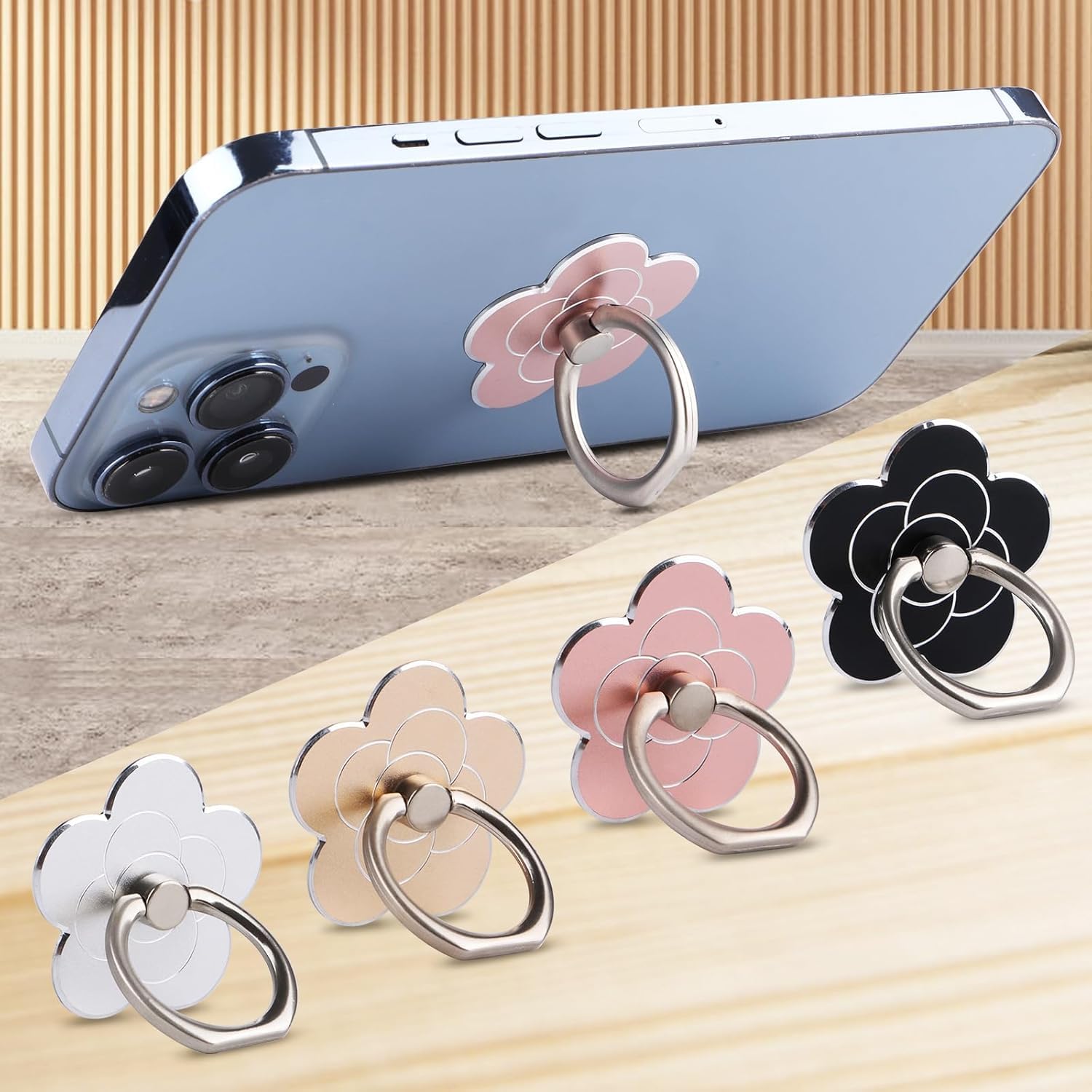 Cell Phone Ring Stand,Cell Phone Ring Holder Flower,360 Rotate and 180°Angle Adjustable Metal Finger Ring Socket Grip Kickstand for Smartphones (4pcs)